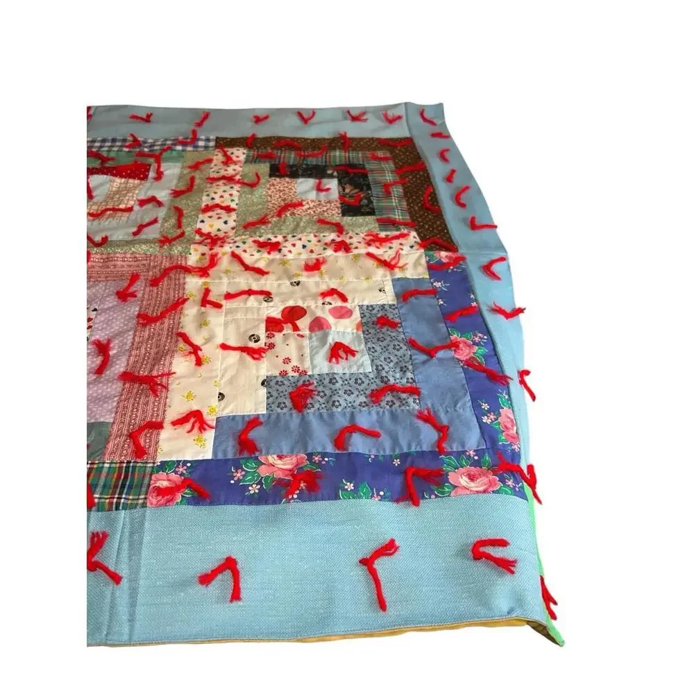 Vintage Handmade Patchwork‎ Tied Multicolor 42x32 Cottagecore Quilt Throw